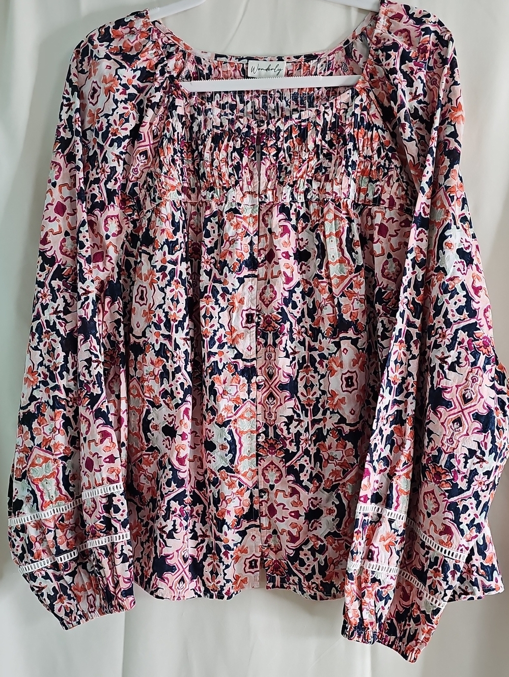 100% Cotton Wonderly Pink Multicolor Floral Smocked Peasant Skirt